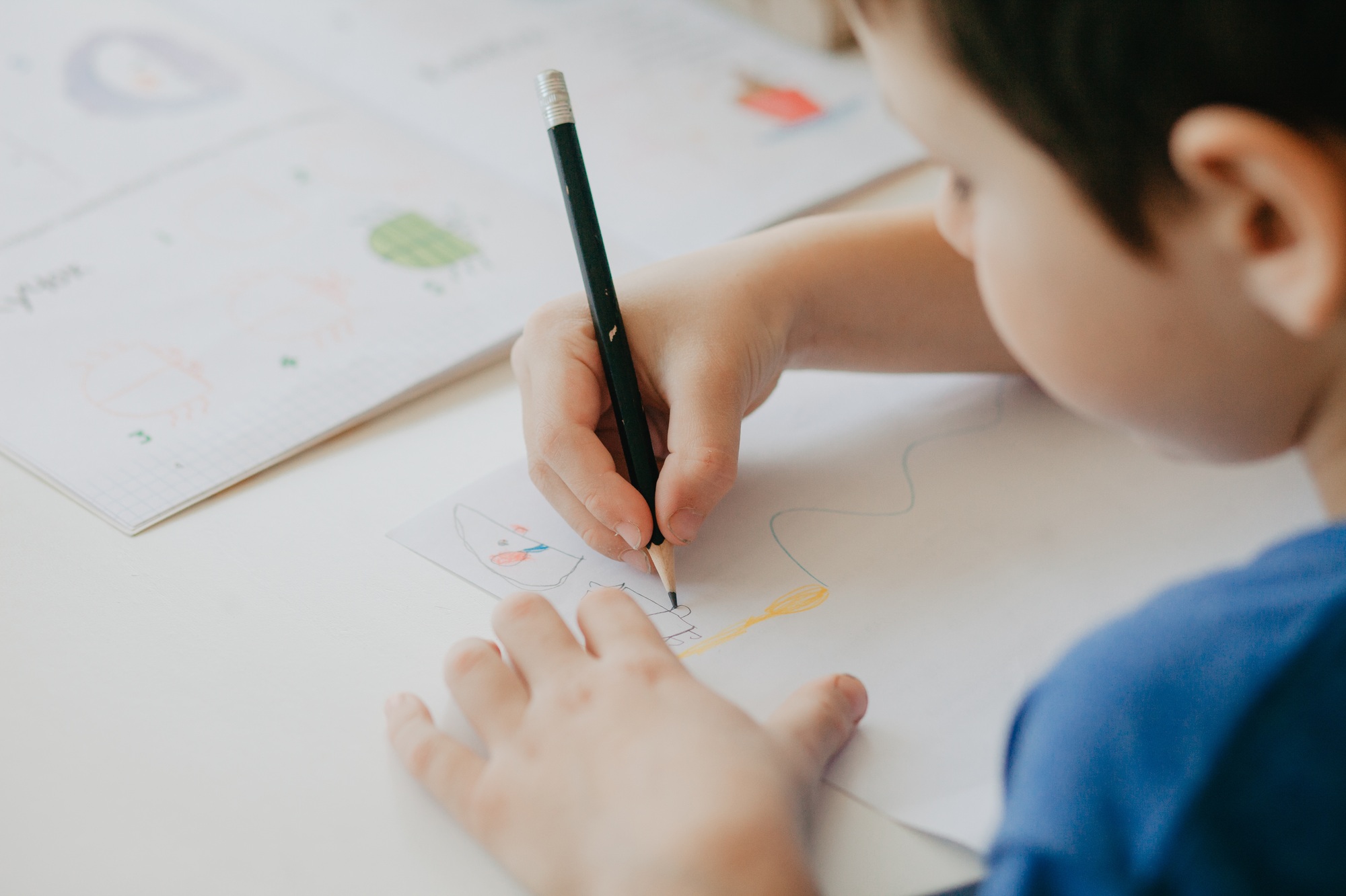 boy draws paints with a pencils