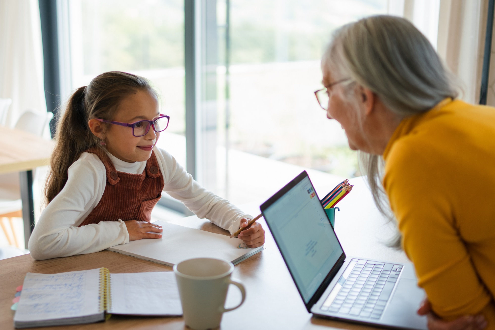 Small girl with senior grandmother doing homework at home.