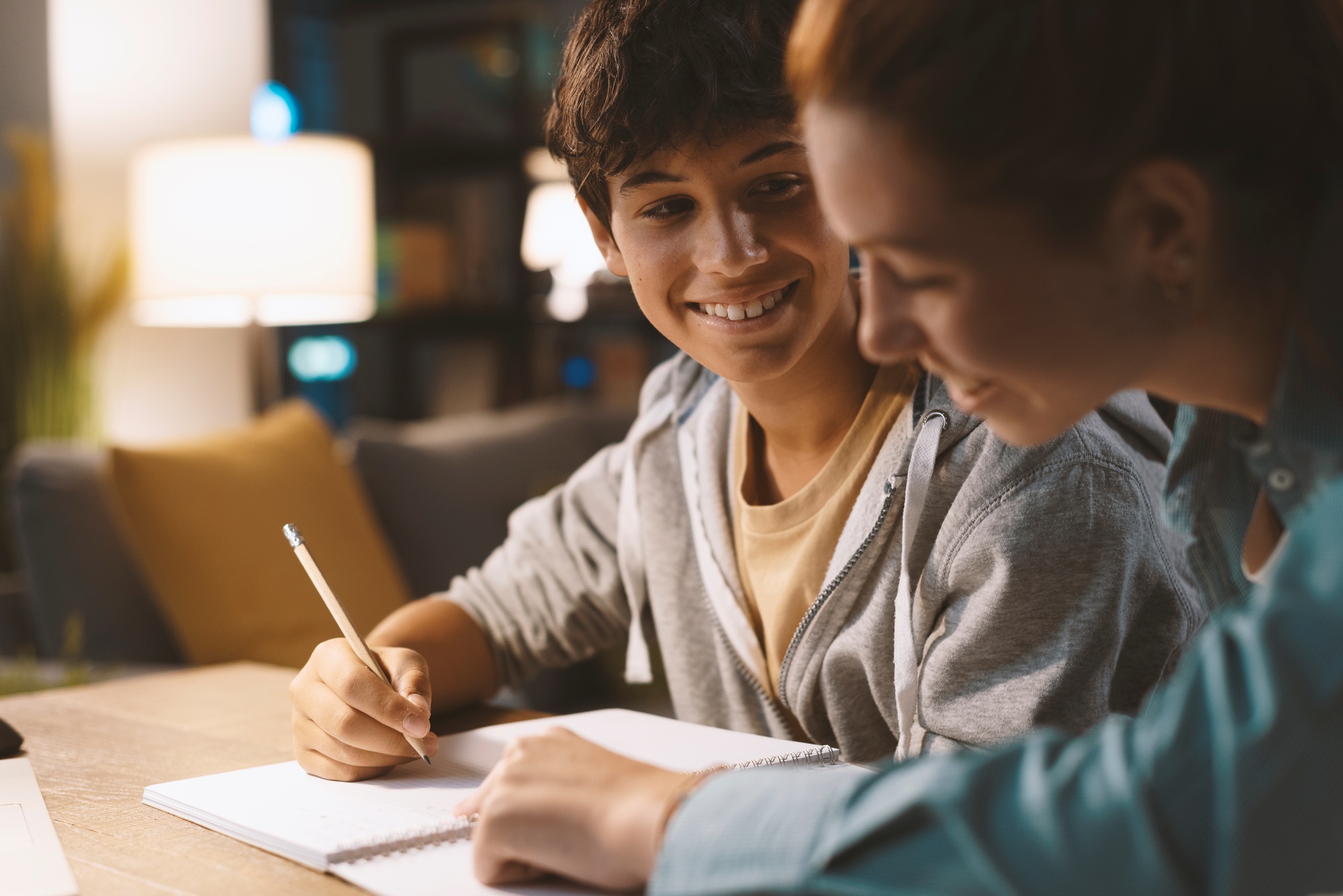 Students doing homework together at home