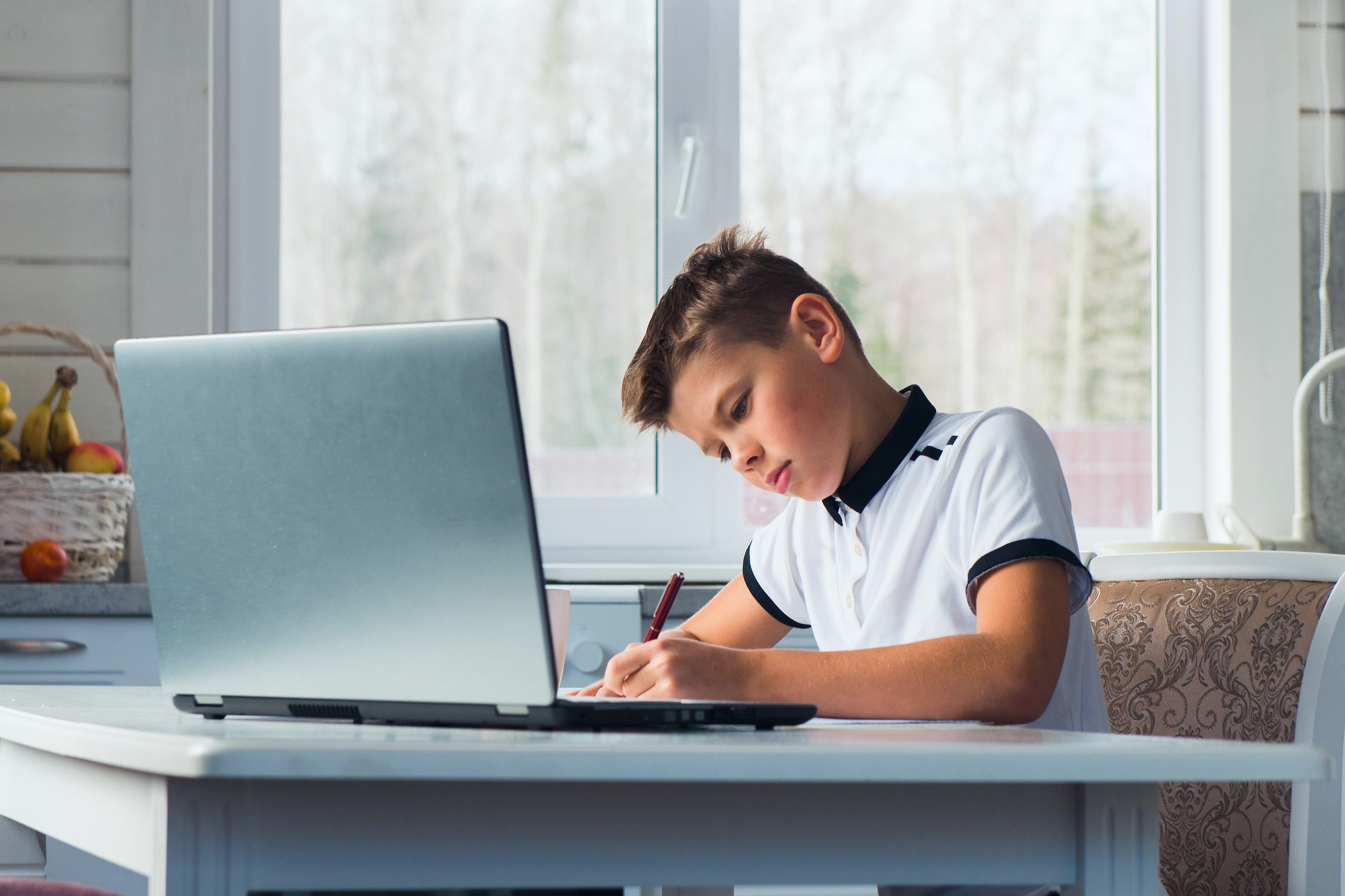Teen boy doing homework at laptop