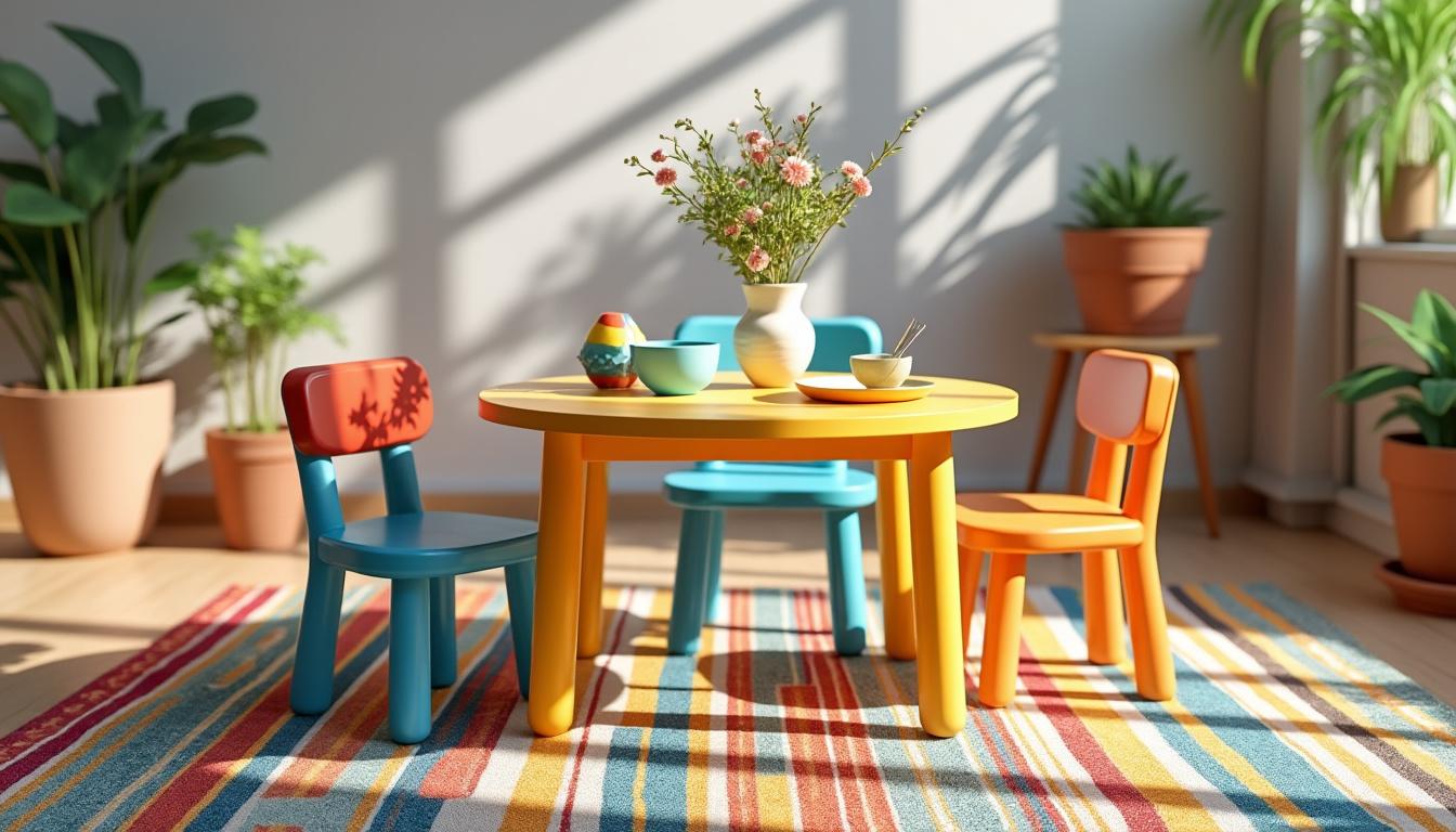 découvrez des idées créatives et ludiques pour décorer harmonieusement autour d'une table colorée destinée aux enfants, en combinant couleurs vives et accessoires adaptés.