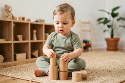 Bébé de 12 mois explorant des jouets Montessori en bois sur un parquet naturel dans une salle de jeux épurée