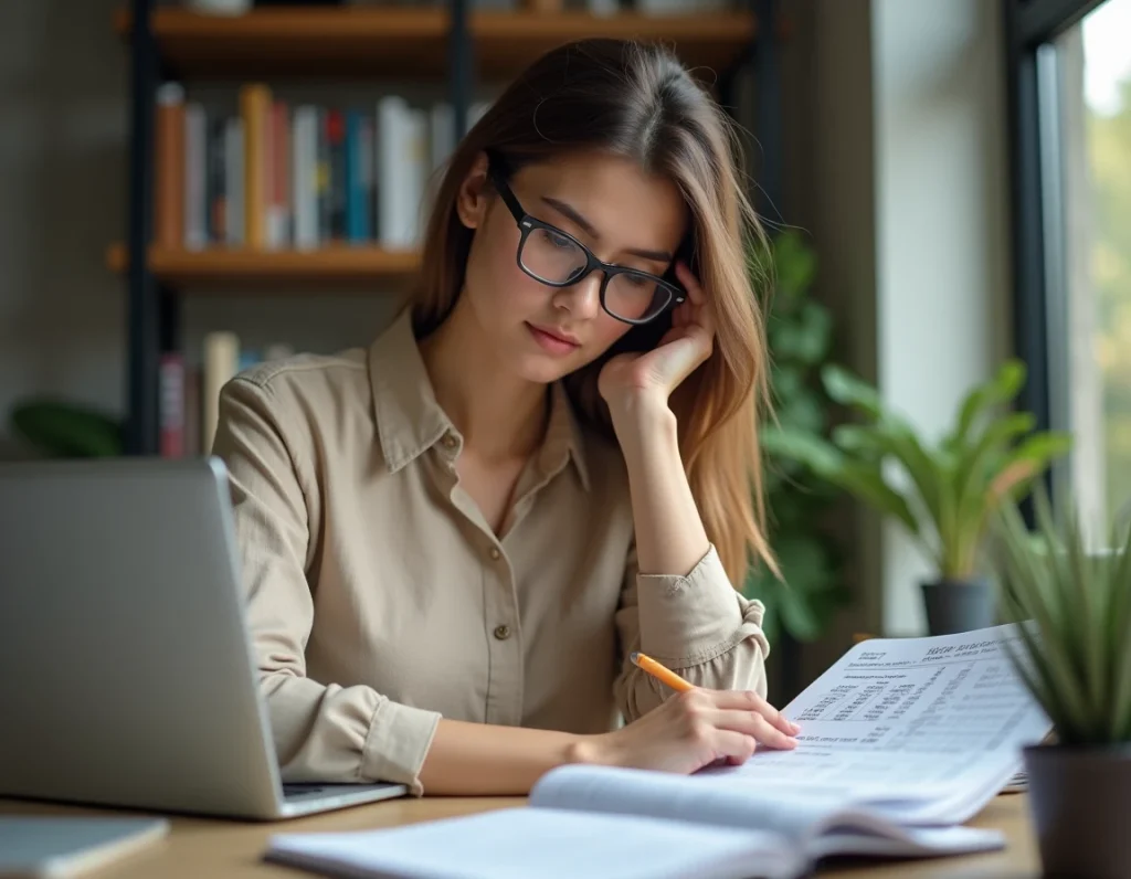 Mère de famille calculant le salaire de sa nounou à son bureau avec des documents imprimés et un ordinateur portable