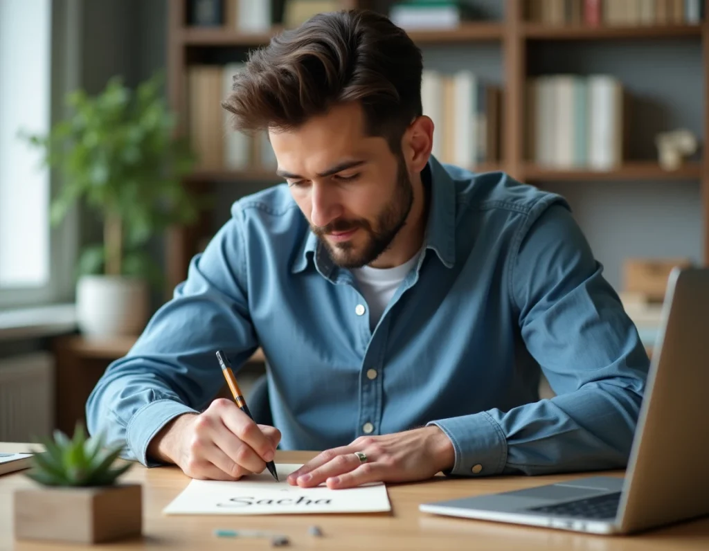 Homme écrivant le prénom Sacha en calligraphie dans un bureau moderne avec site de généalogie ouvert