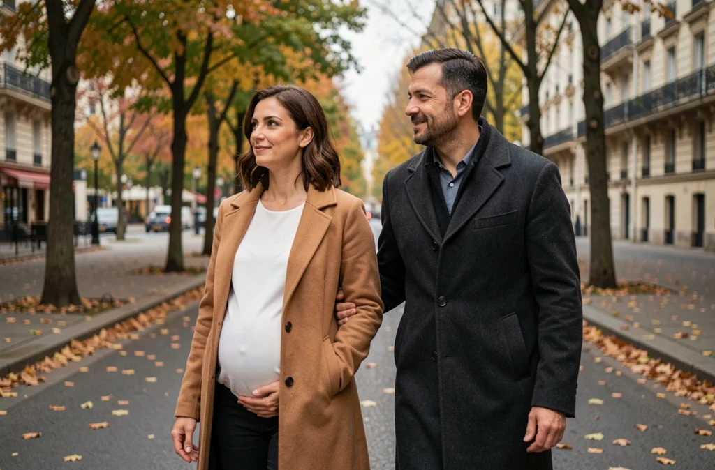 Couple attendant un enfant se promenant sur un boulevard parisien en automne, illustrant la vie publique et privée d'une personnalité médiatique enceinte