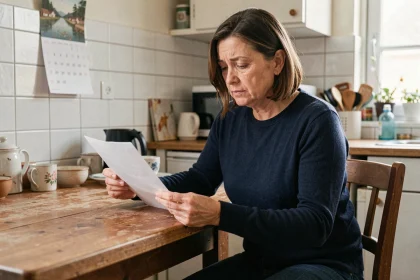 Femme consultant un document administratif sur le versement du RSA à la table de sa cuisine