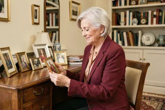 Femme élégante aux cheveux argentés tenant un cadre photo avec nostalgie dans un bureau intime rempli de souvenirs personnels