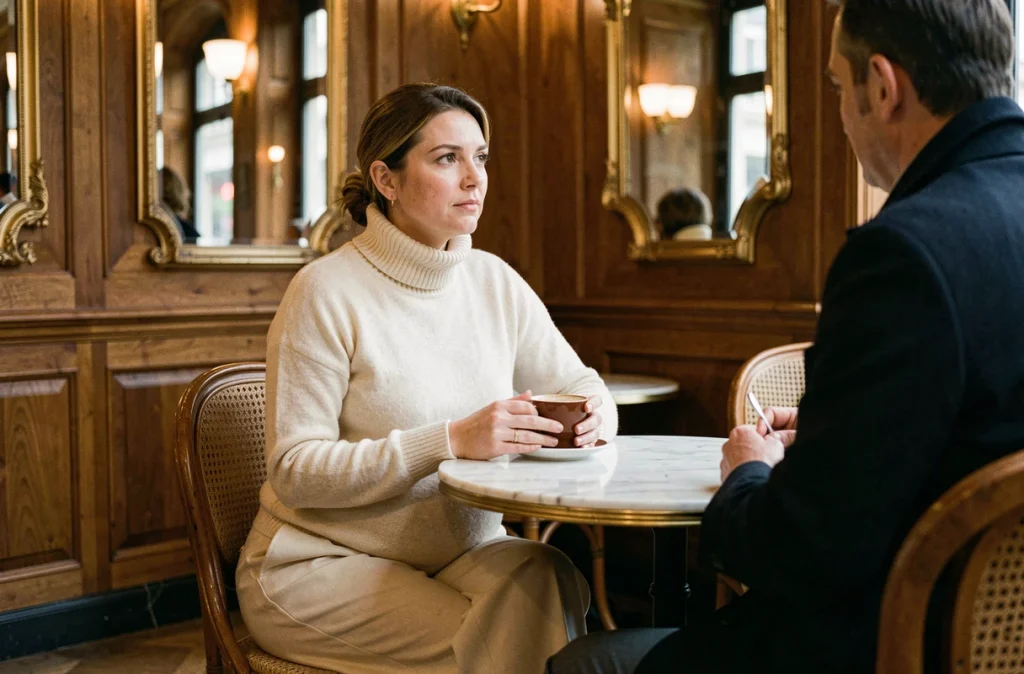 Femme enceinte dans une brasserie parisienne avec son compagnon, illustrant la discrétion d'un couple en vue attendant un enfant