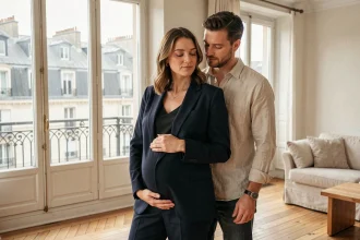 Femme enceinte élégante avec son compagnon dans un appartement parisien, illustrant la vie privée d'un couple médiatique
