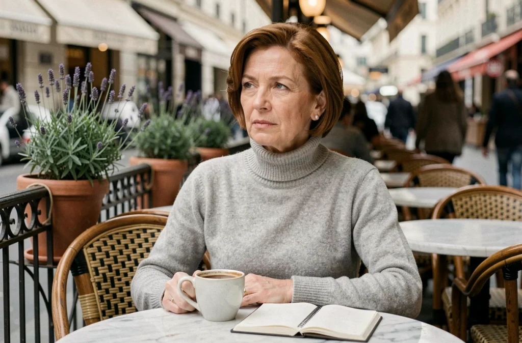 Femme posée aux cheveux châtains assise seule en terrasse de café parisien, regard pensif et journal ouvert devant elle