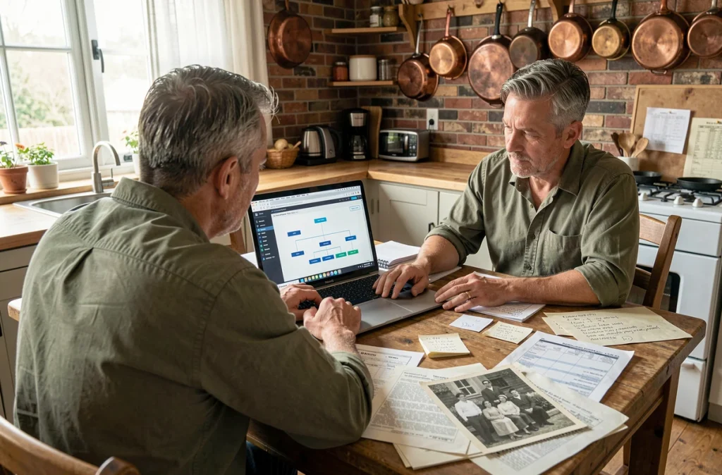 Homme d'une quarantaine d'années explorant un arbre généalogique en ligne avec des documents d'archives imprimés et des photos de famille sur une table de cuisine en bois