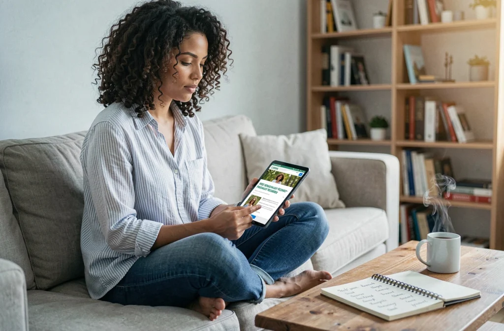 Jeune femme aux cheveux bouclés recherchant ses ancêtres gratuitement sur une tablette depuis son canapé avec un carnet de notes généalogiques