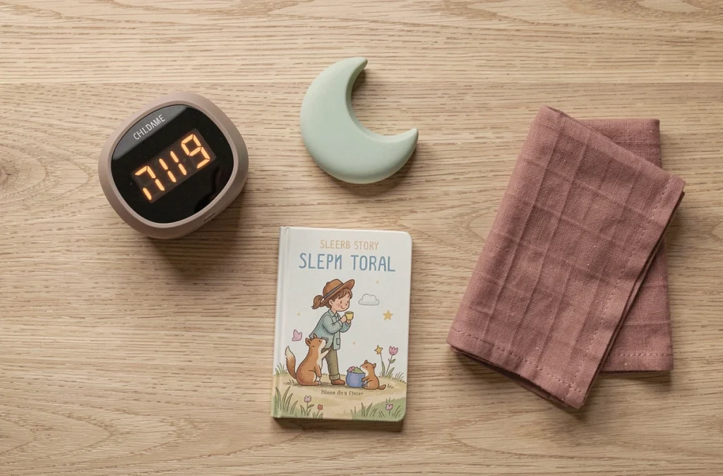 Flatlay d'un kit rituel du soir personnalisable comprenant une veilleuse lune, un réveil avec prénom et un livre d'histoires personnalisé sur une surface en bois clair