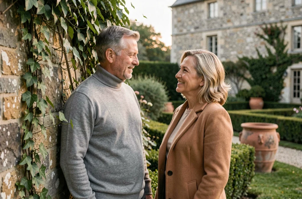 Couple mature et complice dans un jardin de maison de caractère française, portrait intime et sobre en extérieur