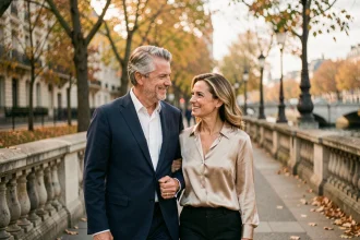 Couple discret et élégant se promenant le long des quais parisiens en automne, portrait intime et naturel