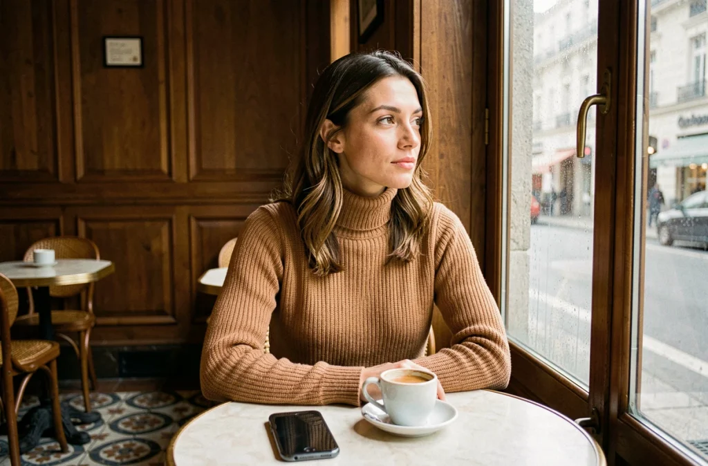 Femme pensive assise dans un café parisien, illustration du thème de la vie privée et de la discrétion des personnalités publiques telles que Noémie Wira