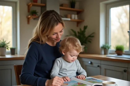 Nounou professionnelle assise à une table en bois avec un enfant en bas âge, lisant un livre illustré dans une cuisine chaleureuse