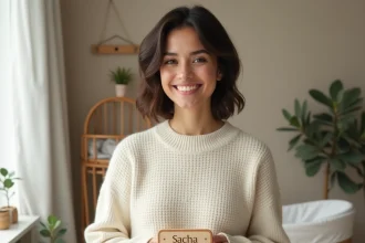 Jeune femme tenant une plaque prénom Sacha en bois dans une chambre de bébé scandinave