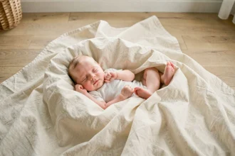 Bébé de 3 mois photographié en vue de dessus sur un drap ivoire drapé en vagues douces sur un parquet en bois, idée photo bébé mois par mois