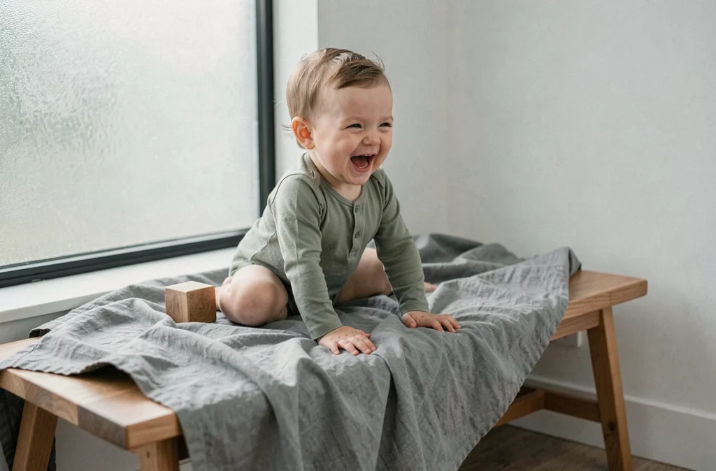 Bébé garçon de 9 mois riant sur un drap en lin gris drapé sur un banc en bois, décor simple et original pour photo bébé mensuelle à la maison