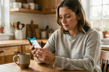 Une mère de famille accédant au portail familles de Toulon depuis son smartphone dans sa cuisine