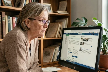 Femme d'une soixantaine d'années recherchant ses ancêtres en ligne sur un ordinateur de bureau dans un bureau à domicile chaleureux avec des albums photos vintage