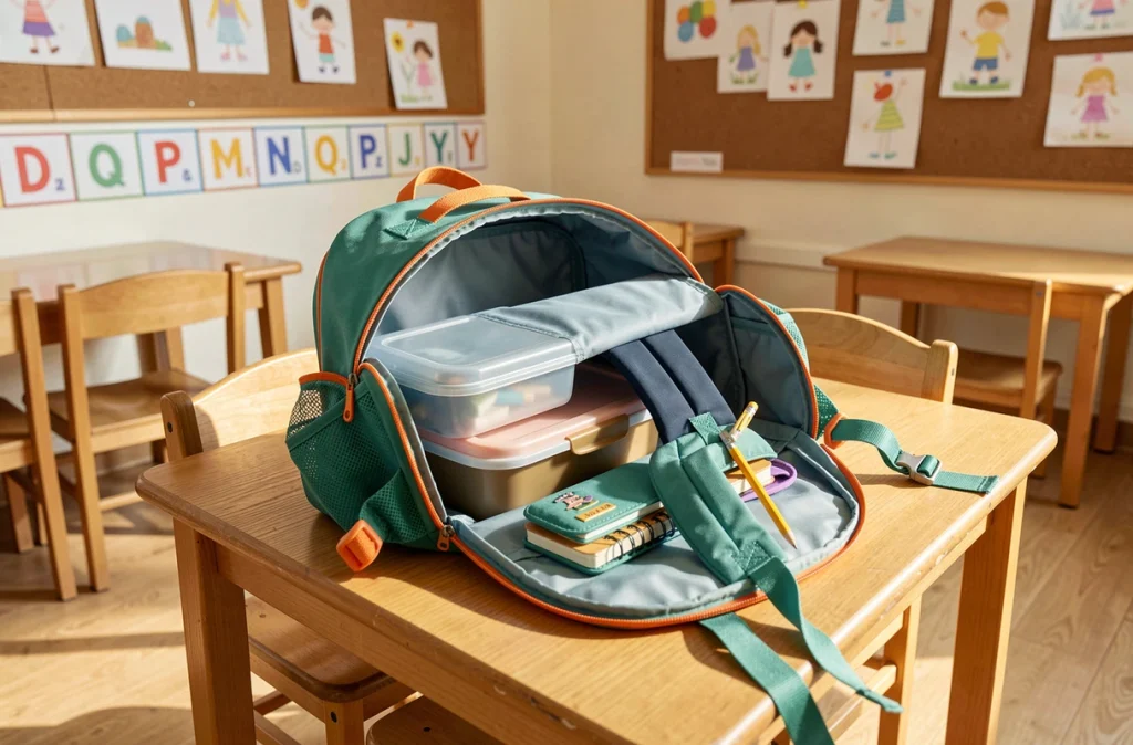 Sac à dos maternelle compact teal ouvert sur une table montrant son intérieur spacieux bien organisé