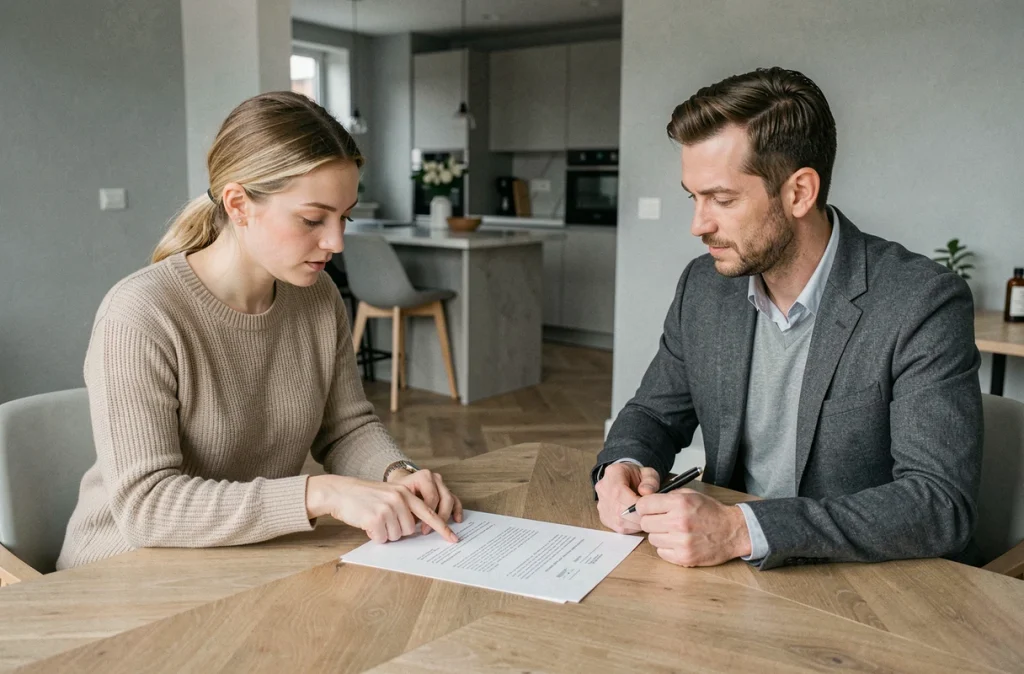 Nounou et père de famille signant un contrat de travail autour d'une table dans un appartement moderne