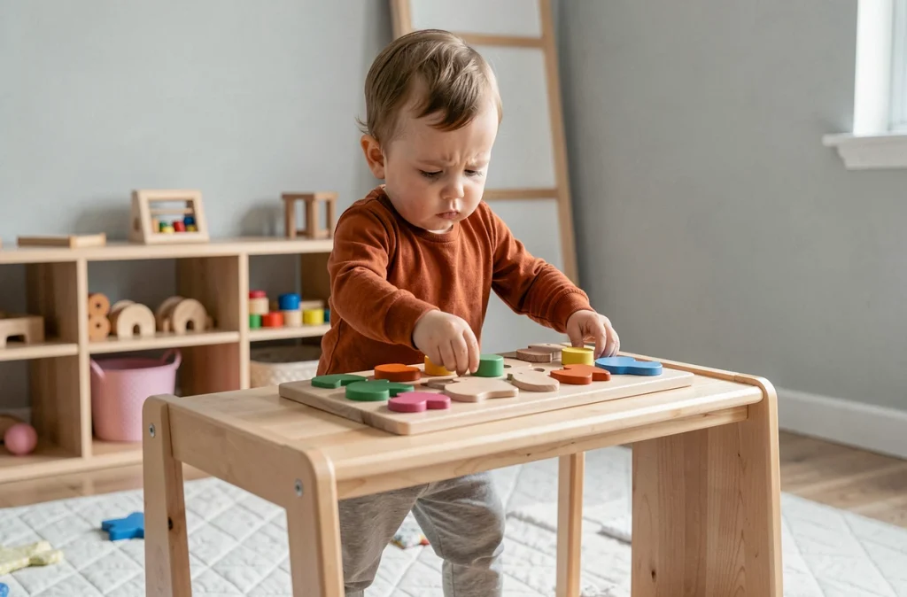 Tout-petit de 14 mois résolvant un puzzle Montessori en bois à grosses poignées sur une petite table adaptée à sa taille