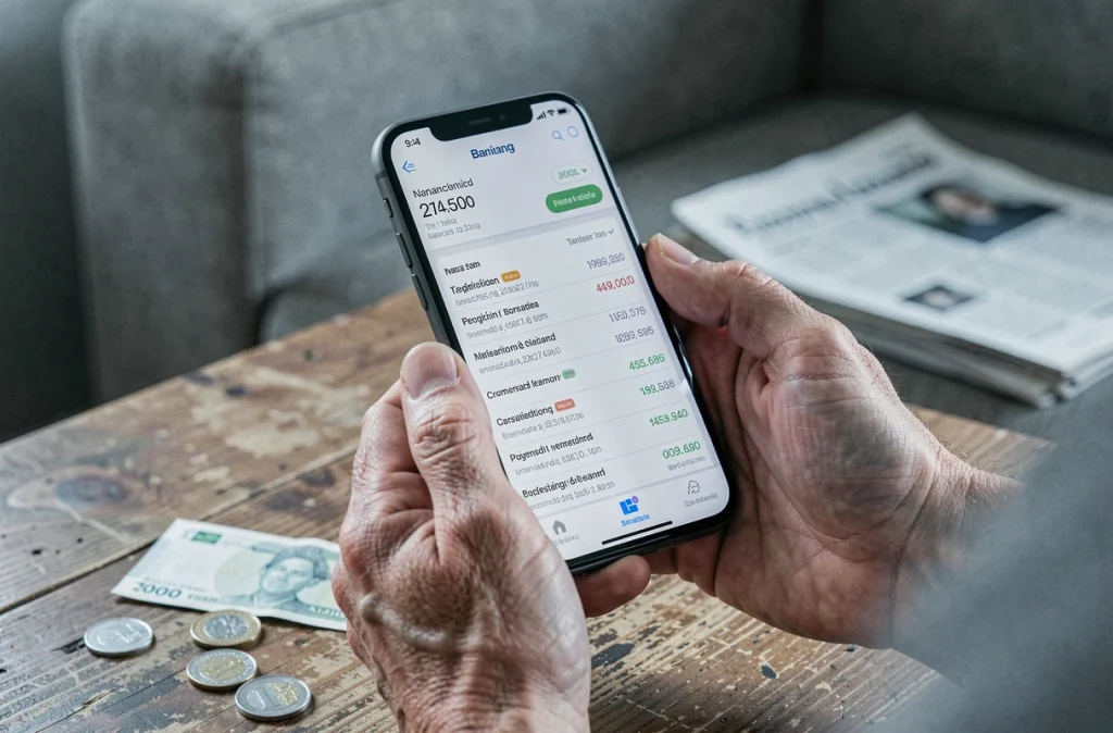 Mains tenant un smartphone avec une application bancaire pour vérifier un virement RSA en attente