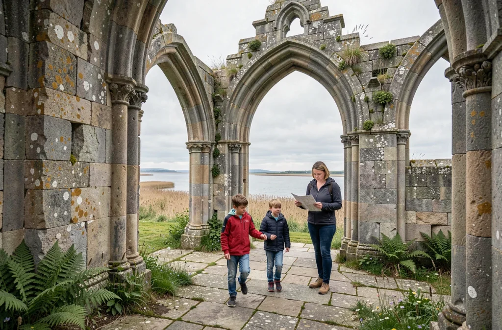 Mère et enfants dans les ruines gothiques de l'Abbaye de Beauport à Paimpol, avec arches en pierre et estuaire en arrière-plan