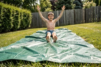 Adolescent glissant sur une bâche de ventriglisse installée dans un jardin familial en été