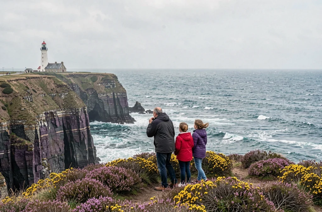 Père et enfants face à l'océan au sommet des falaises du Cap Fréhel à Plévenon, avec le phare historique au loin