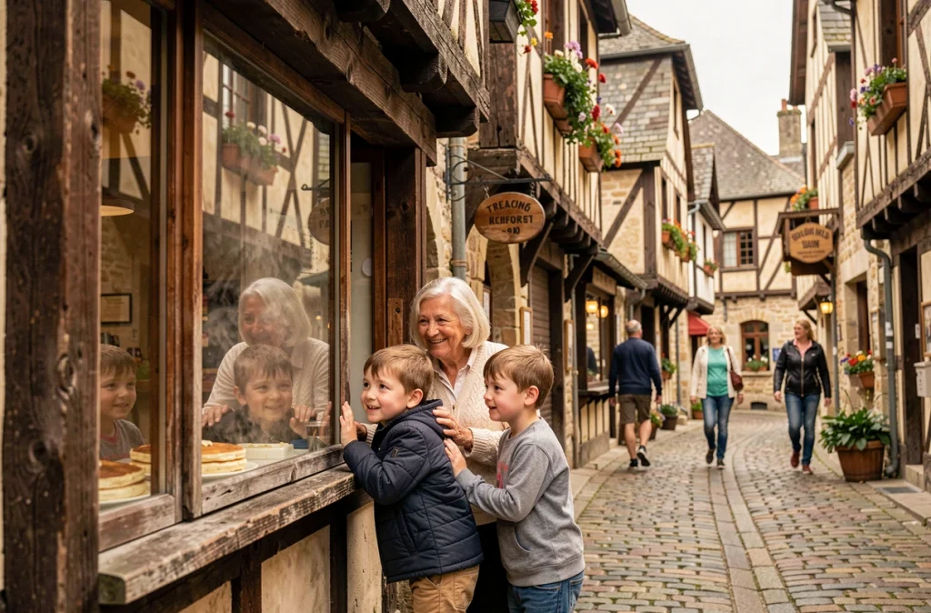 Grand-mère et petits-enfants devant une crêperie dans les rues pavées médiévales du centre historique de Dinan