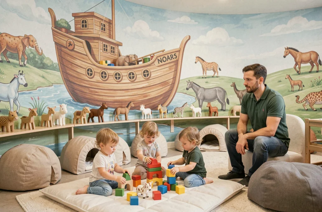 Salle de la crèche L'Arche de Noë à Angers décorée d'une fresque de l'arche avec des tout-petits jouant