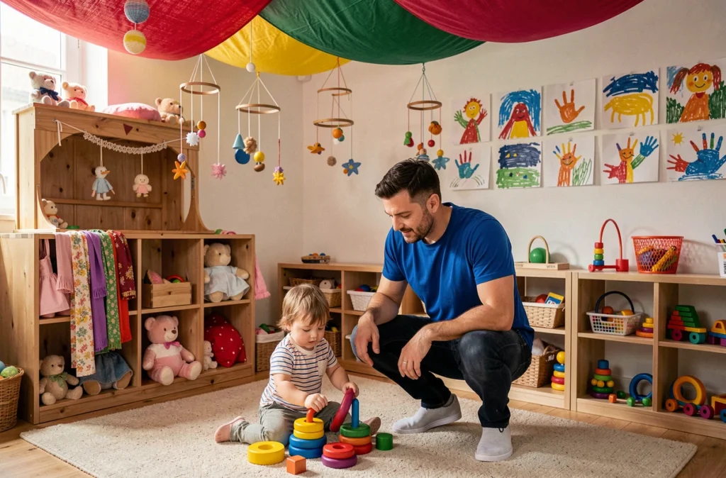 Salle créative de la crèche La Boîte à Malices à Angers avec décor imaginatif et un éducateur guidant un tout-petit