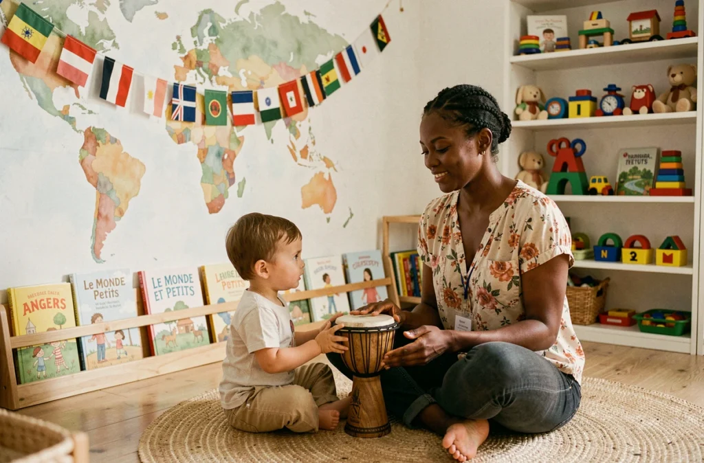 Salle de la crèche Le Monde et Petits à Angers avec décoration mondiale et une éducatrice présentant un instrument culturel