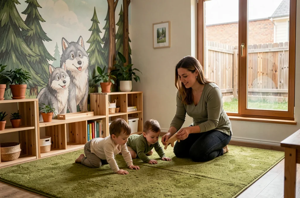 Salle nature de la crèche Les P'tits Loups à Mûrs-Erigné avec fresque forêt et tout-petits jouant sur tapis vert