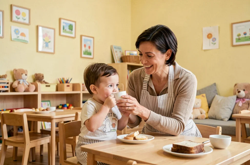 Espace repas de la crèche Marie Placé à Angers avec une puéricultrice aidant un tout-petit lors de la collation