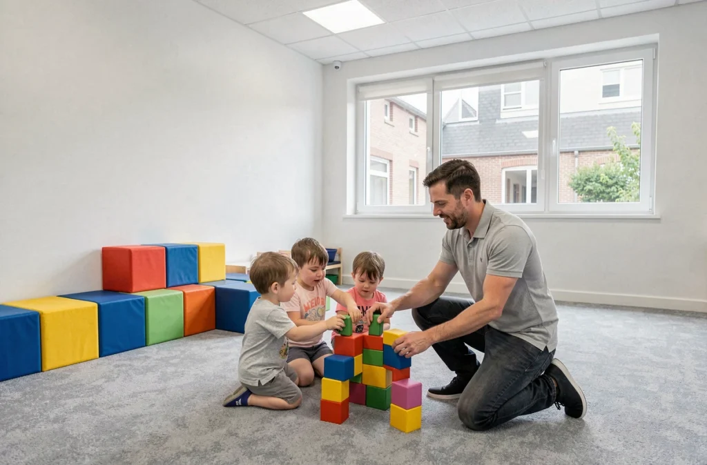 Grande salle de la crèche Saint-Lazare à Angers avec un éducateur et des enfants jouant avec des blocs de mousse