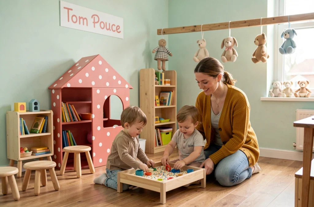 Salle ludique de la crèche Tom Pouce à Angers avec un bac sensoriel et une éducatrice encadrant des tout-petits