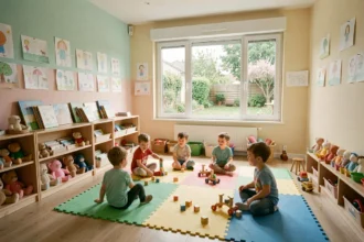 Intérieur chaleureux d'une crèche en Maine-et-Loire avec des tout-petits jouant sur des tapis colorés