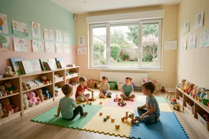 Intérieur chaleureux d'une crèche en Maine-et-Loire avec des tout-petits jouant sur des tapis colorés