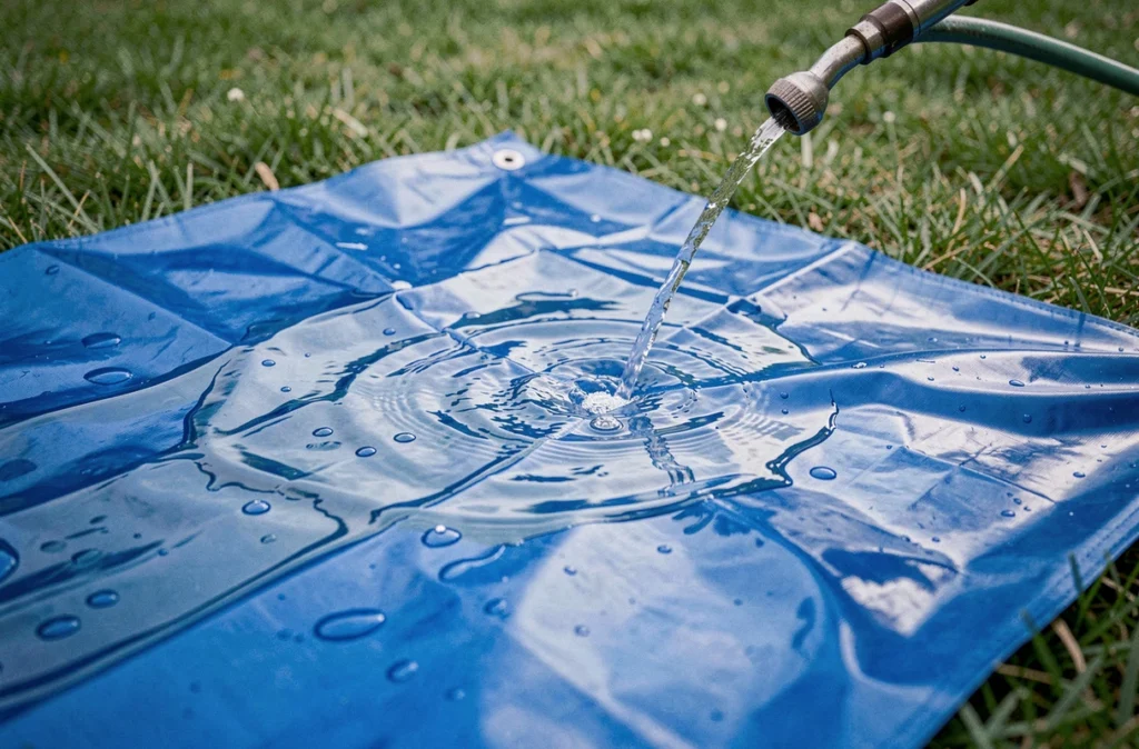 Gros plan sur une bâche de ventriglisse bleue avec de l'eau qui s'écoule sur sa surface dans un jardin