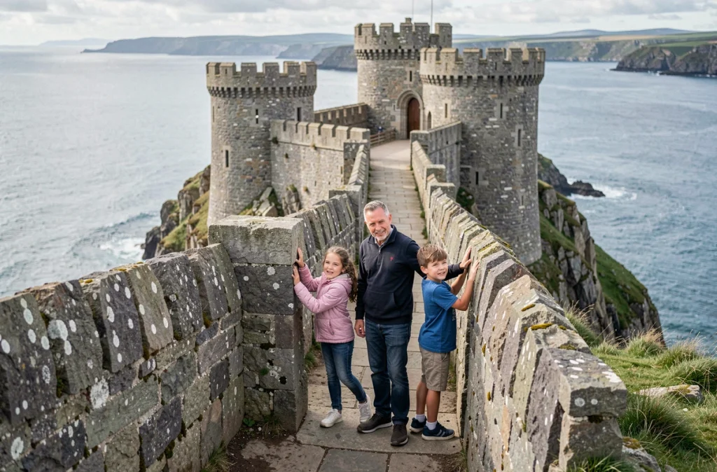 Père et enfants explorant l'entrée du Fort La Latte à Plévenon, avec les tours médiévales et la mer en arrière-plan