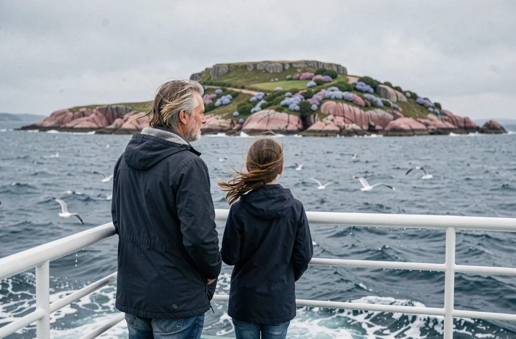 Famille à bord du ferry depuis Paimpol apercevant l'île de Bréhat, avec ses côtes de granit rose à l'horizon