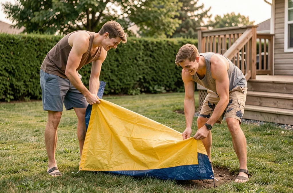 Deux jeunes adultes installant une bâche de ventriglisse dans un jardin de banlieue par une journée d'été