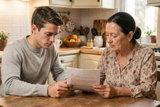 Jeune adulte et sa mère examinant un justificatif de domicile à la table de la cuisine familiale