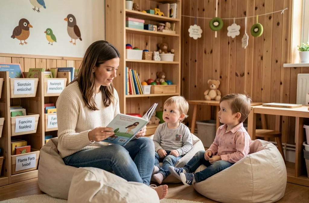 Micro-crèche bilingue Les Petits Kiwis à Mûrs-Erigné avec une éducatrice lisant un livre bilingue à des tout-petits