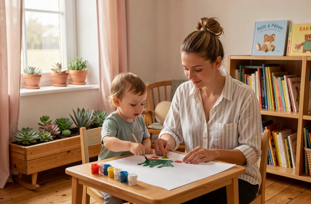 Activité peinture dans la micro-crèche Petit à Péton à Mûrs-Erigné avec une éducatrice et un tout-petit